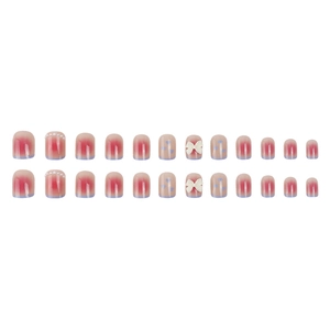 Pink gradient press-on nails set with pearls, blue hearts, and 3D white bow designs
