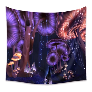 Detail view of fantasy mushroom forest tapestry with vibrant neon colors and high-quality fabric
