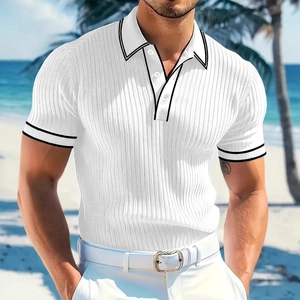 Men Polo Shirt Short Sleeve Vertical Ribbed Knit Contrast Tipping Lapel Casual Beach Vacation Business Style