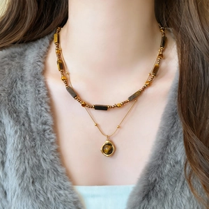 Double Layer Necklace Natural Tiger Eye Stone Beaded Pendant Retro Bohemian Vintage Jewelry For Women Fashion Maillard
