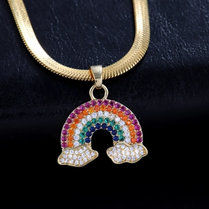 Rainbow pendant necklace with colorful zircons on a flat golden snake chain
