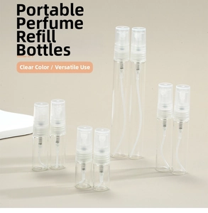 Detailed view of clear glass perfume atomizers in 2ml to 10ml portable spray bottle sizes