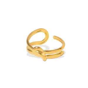 Minimalist golden knot open ring in stainless steel with a polished metallic finish