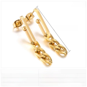 Detail of gold titanium steel earrings showing geometric chain design and dimensions