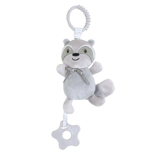 Plush raccoon baby toy with hanging ring, grey ribbon bow and star-shaped teether