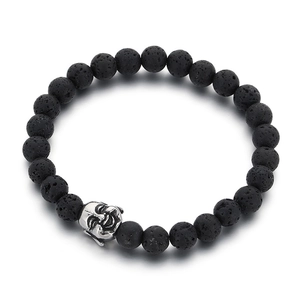 Vintage 8mm black lava stone beaded bracelet for men featuring a silver buddha head charm