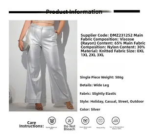 Size chart showing silver wide-leg pants details in viscose blend and metallic finish