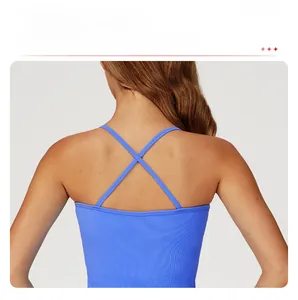 Close-up of the strappy cross-back design on blue high-elastic yoga sports bra