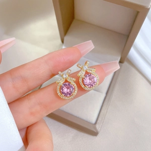 Titanium steel bowknot jewelry set with pink round gemstones and cubic zirconia crystals