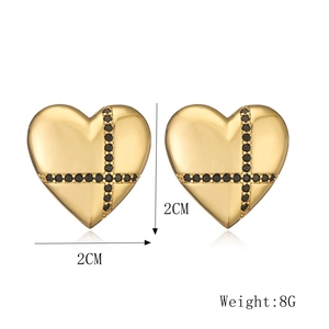 Detail view of 18K gold plated heart earrings with black stone cross and size specs