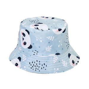Cute light blue bucket hat with cartoon panda prints and floral patterns for women