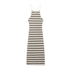 Abito Maxi In Maglia Con Scollo All'americana Schiena Scoperta A Righe Vestibilità Aderente Senza Maniche Elegante Donna