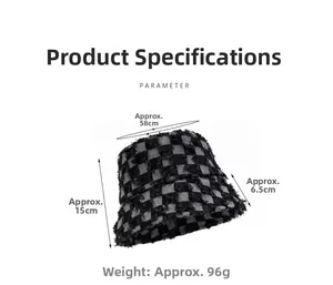 Detail specifications of checkerboard bucket hat with 58cm circumference and raw edges