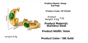 Detail view of 18K gold-plated C-shape earrings with green zircon and size dimensions