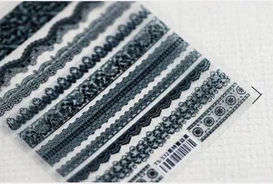 Vue macro d'autocollants 5D fins pour ongles, dentelle noire gothique avec motifs floraux TS-532