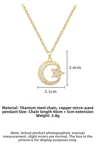 Detail of titanium steel star and moon pendant necklace with micro-inlaid zircon stones