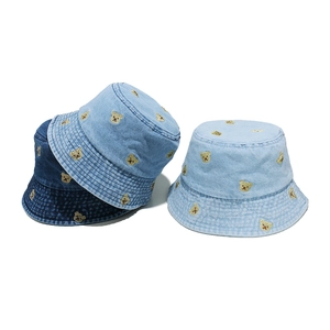 Bucket Hat Washed Denim Cotton Bear Embroidery Sun Protection Cute Casual Fisherman Cap For Kids Adults Women