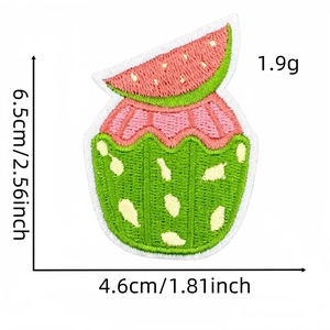 Detailed view of cartoon watermelon embroidery patch with 6.5cm x 4.6cm size dimensions