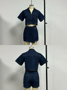 Detailed front and back view of a dark blue denim workwear set with short sleeve top