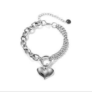 Vintage Silber Herz-Anhänger Armband mit gemischtem grobem und mehrlagigem Kettendesign