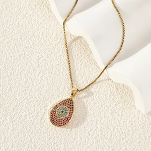 Golden teardrop evil eye necklace with colorful zircon micro-pave pendant on box chain