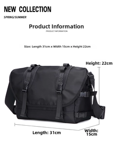 Detailed view of black nylon messenger bag with 31cm length and buckle design