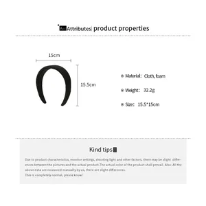 Size chart showing 15.5x15cm dimensions and material info for the fabric headband