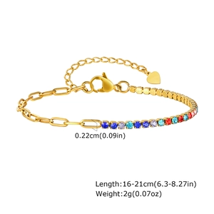 Detail of gold chain bracelet with white cubic zirconia and size specs 16-21cm