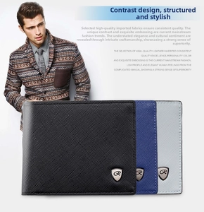 Detail of cross-pattern leather texture and metallic shield logo on men's bifold wallet