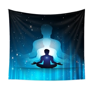 Detail of meditation tapestry showing blue lotus pose figures against starry universe background