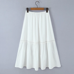 Detail of white lace skirt showing elastic waistband and delicate lace stitching texture
