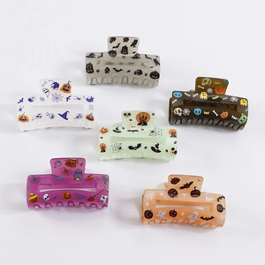 Set of 6 colorful Halloween square hair claws with pumpkin and ghost prints