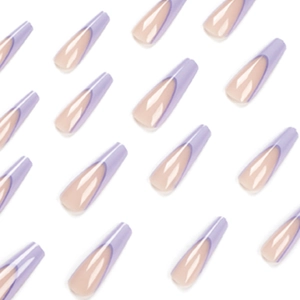 French tip lavender purple coffin press-on nails with glossy nude base in a grid layout