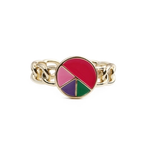 Gold plated cuban chain open ring featuring a round colorful enamel geometric centerpiece