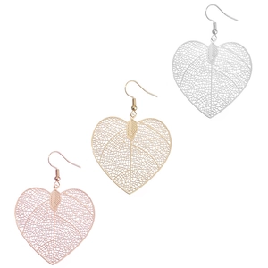 Vintage Copper Filigree Heart Leaf Vein Drop Earrings For Women Electroplated Gold Silver Rose Gold Jewelry Accessory