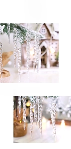 Macro shot of clear spiral icicle ornaments hanging on snow-covered Christmas tree branches