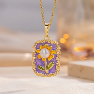Vintage Emaille Sonnenblume Halskette mit Süßwasserperle und goldener Stahlkette