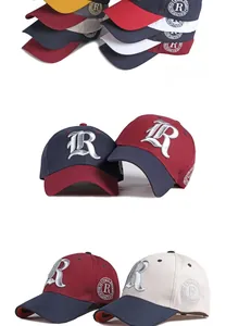 Detail of multi-color baseball caps with 3D R embroidery and Major League side patch