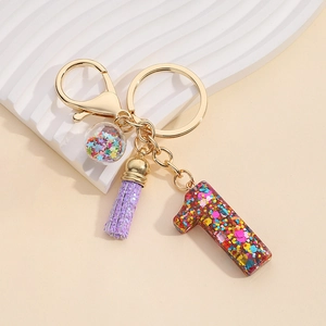 Crystal Clear Resin Lucky Number Keychain With Colorful Sequins Purple Tassel Star Glass Ball Gold Key Ring Bag Charm Women Gift