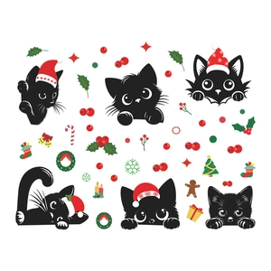 Christmas wall stickers featuring black cats with festive hats and starry holiday patterns