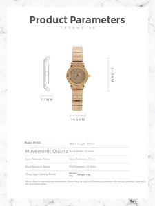 Detailed specifications for gold crystal quartz watch model M1085 with precise measurements