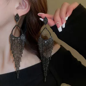 Elegant long black rhinestone tassel earrings with a water drop design for women