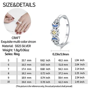 Detailed size chart for S925 silver star moon ring with multi-color zircon inlay
