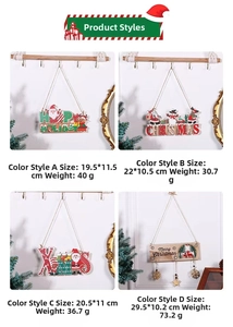 Detail showing four assorted wooden Christmas hanging signs with festive characters