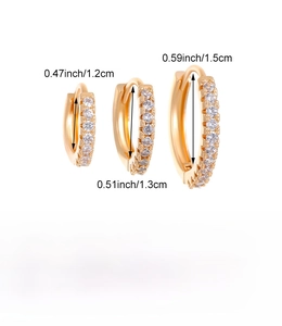 Three sizes of gold-plated hoop earrings with cubic zirconia shown in 1.2cm, 1.3cm, and 1.5cm