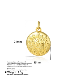 Detail of 18K gold-plated sun relief pendant showing exact dimensions 21mm by 15mm