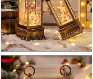 Close-up of vintage bronze Christmas lantern with LED light and swirling glitter inside