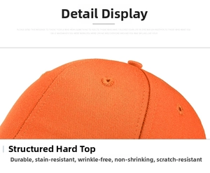 Detailed close-up of orange cotton baseball cap crown with embroidered eyelets