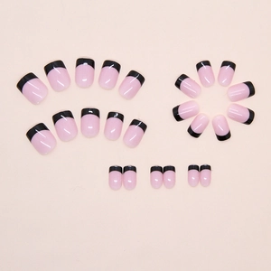 French style press-on nails set in soft pink base with classic black tips 24pcs kit
