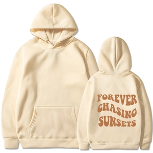 Classic apricot pullover hoodie with front pocket and Forever Chasing Sunsets print back